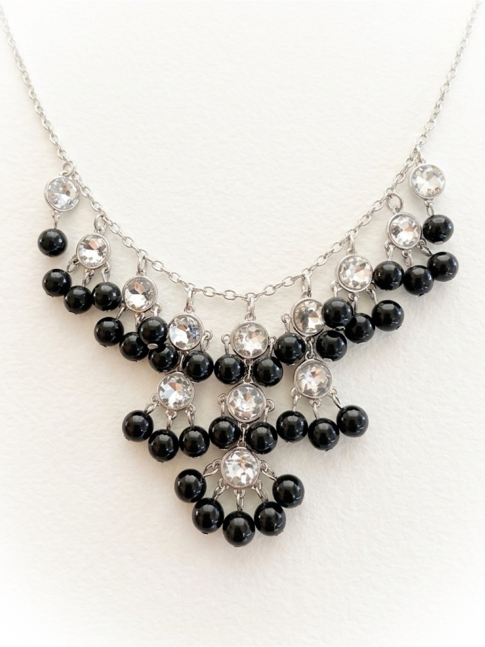 Black and Silver Tone Beaded Rhinestone Bib Necklace - Statement necklace